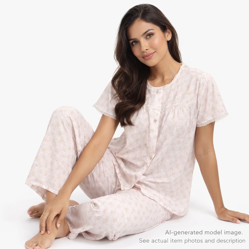 160. Vintage Floral Pajama Set Pink White Lace Trim Size M/L